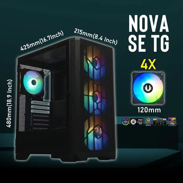 Alt view image 2 of 8 - BitFenix NOVA MESH SE TG ARGB Edition Case, Black Body/Black Mesh, Tempered Glass Side Panel, ATX/Micro ATX/Mini ITX Form Factor, 4 x 3 pin 5V ARGB Fans Pre-installed, BFC-NSE-300-KKGSK-4A