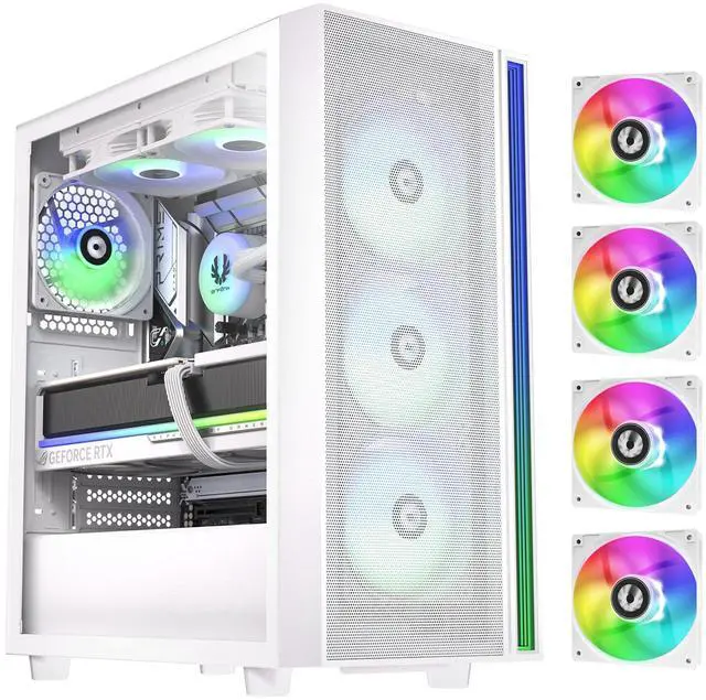 Main image of BitFenix Fang Mesh 4 ARGB Fans, High Airflow PC Gaming Case White, GPU Support 360mm, 240 Top/360 Front AIO Support, 4+4 Controller (LED/PWM System) Temper Glass Aura SYNC/Mystic Light/RGB Fusion 2.0
