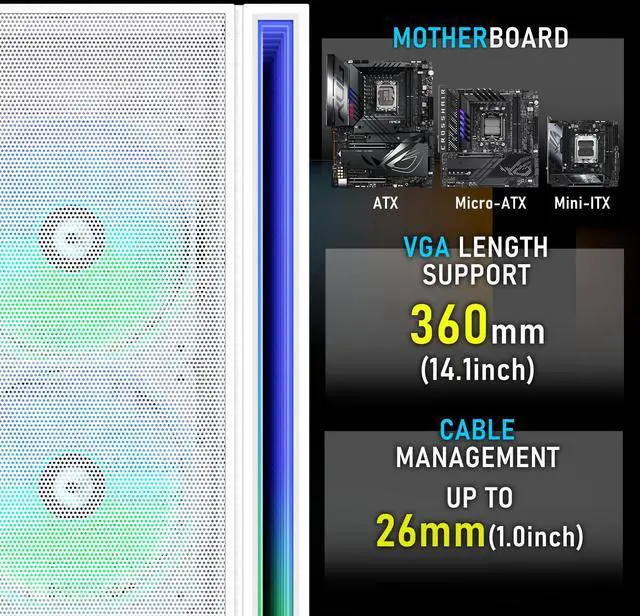 Alt view image 4 of 7 - BitFenix Fang Mesh 4 ARGB Fans, High Airflow PC Gaming Case White, GPU Support 360mm, 240 Top/360 Front AIO Support, 4+4 Controller (LED/PWM System) Temper Glass Aura SYNC/Mystic Light/RGB Fusion 2.0