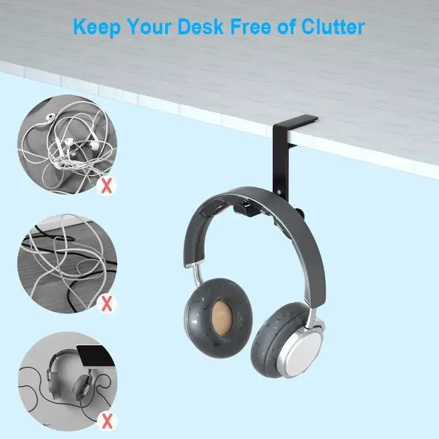 Alt view image 4 of 7 - Headset Hook Holder Headphone Hanger, Aigrous Universal PC Gaming Headset Hanger Mount Earphone Stand Adjustable Desk Clamp USB Cable Earbuds Hook Organizer for Apple Watch Headphone