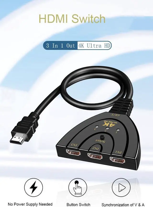 Alt view image 4 of 7 - HDMI Switch, Aigrous 4K HDMI Splitter 3 in 1 Out,3 Port HDMI Switch 3x1 Switch Splitter with Pigtail Cable Supports Full HD 4K 1080P 3D Player