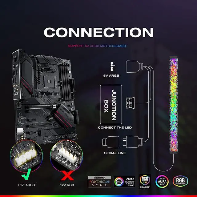 Alt view image 6 of 7 - 2-Pack Acrylic ARGB LED Strip for PC with 5V 3-pin ARGB LED and 4-pin Header, Compatible with Aura SYNC, Gigabyte RGB Fusion, MSI Mystic Light Sync(5.5inch)