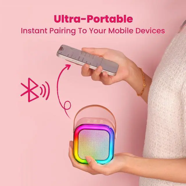 Alt view image 3 of 7 - Mini Karaoke Machine for Kids,Portable Bluetooth Speaker with Wireless Microphone, Gifts Toys for Girls 4, 5, 6, 7, 8, 9, 10 +Year Old Birthday Family Home Party, Pink, One Mic