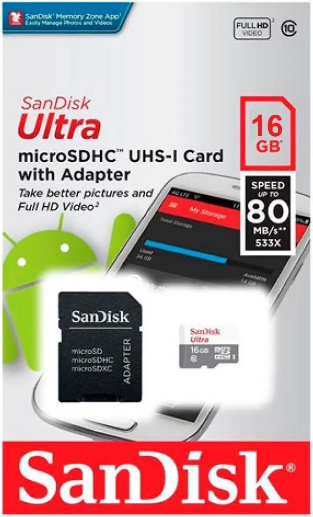 Alt view image 2 of 13 - SanDisk Ultra SDSQUNS-016G-GN3MN 16GB 80MB/s UHS-I Class 10 microSDHC Card