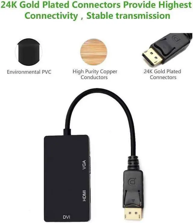 Alt view image 4 of 6 - 3 in 1 Display Port DP Male to HDMI DVI VGA Female Adapter For PC Laptop