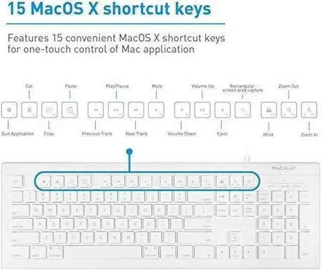Alt view image 5 of 7 - Macally Full Size USB Wired Keyboard (MKEYE) for Mac and PC (White) w/Shortcut Hot Keys