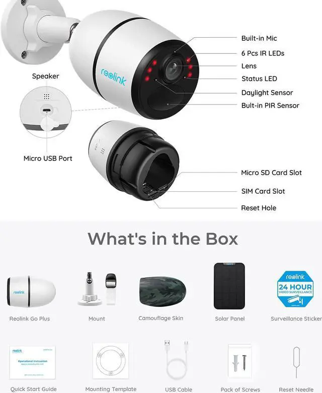 Alt view image 7 of 7 - Reolink 4G LTE Cellular Outdoor Security Camera, Wireless Battery/Solar Powered, 2K Night Vision, Smart Person/Vehicle Detection, Time Lapse, No WiFi Needed - Go Plus with Black Solar Panel