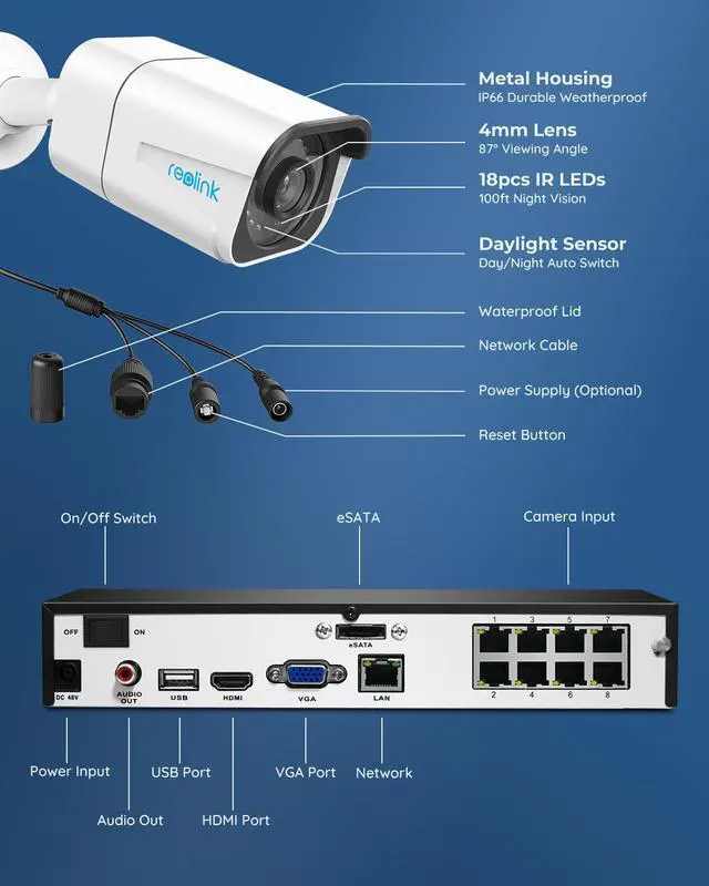 Alt view image 7 of 7 - Reolink PoE Security Camera System Bundle, 16pcs 8MP Person/Vehicle Detection Smart Cameras, a 16CH NVR Pre-Installed with 4TB HDD (Include 8 x 18M Cat5 Cable) - RLK16-800B8 + 8PCS RLC-810A
