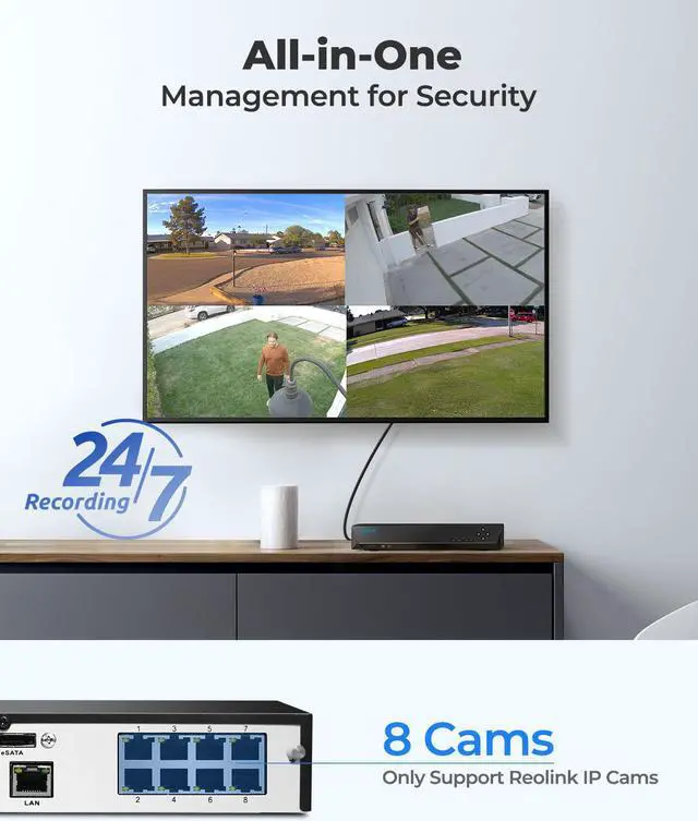 Alt view image 3 of 7 - Reolink 4K 8CH PoE NVR Home Security Camera System Video Recorder with 2TB HDD Support 8MP/5MP/4MP/1080p/720p HD PoE Camera, Human/Vehicle Detection Supported - RLN8-410