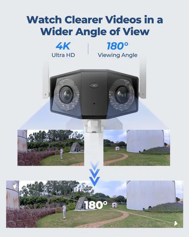 Alt view image 3 of 7 - Reolink 4K WiFi Security Camera Outdoor with 180° Ultra-Wide Angle, 2.4/5 GHz WiFi IP Camera, Smart Human/Vehicle/Pet Detection, Color Night Vision, IP66 Waterproof - Reolink Duo series WiFi  Camera