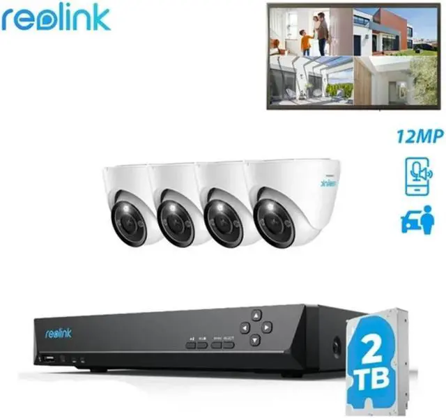 Main image of REOLINK 12MP 8CH PoE Security System, 4pcs H.265 12MP Domes Cameras Wired, Person/Vehicle/Pet Detection 2-Way Talk Spotlights Color Night Vision, 8CH NVR with 2TB HDD-RLK8-1200D4-A