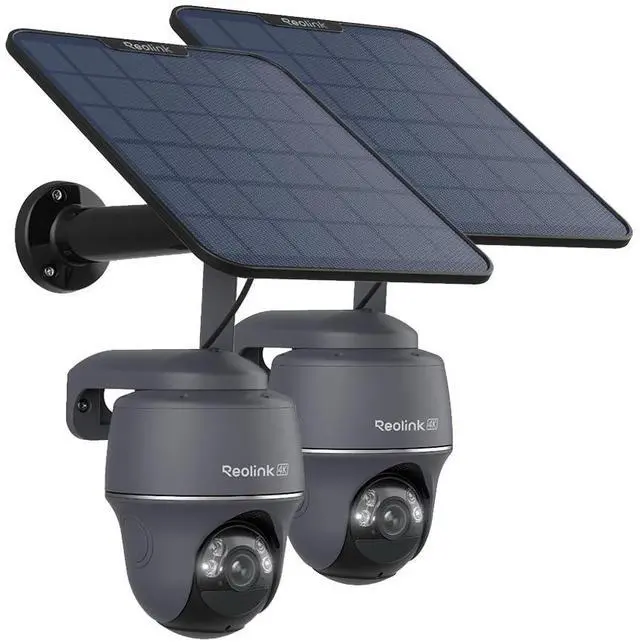 Reolink 2pcs Gray Go PT Ultra With Black Solar Panel 2 4K 8MP Wireless 4G LTE PT Battery Camera with Color Night Vision, No WiFi Solar Powered, 360° Pan & Tilt, SIM+32GB SD Card Included