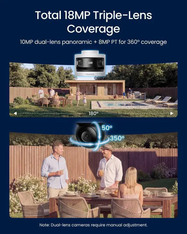 Alt view image 2 of 7 - Reolink OMVI 3i PoE 10MP 4K 360° All-in-one Triple-Lens 180° Panoramic Pan-Tilt Security Camera, SyncTrack with Auto Framing & Auto Tracking Local AI Video Search