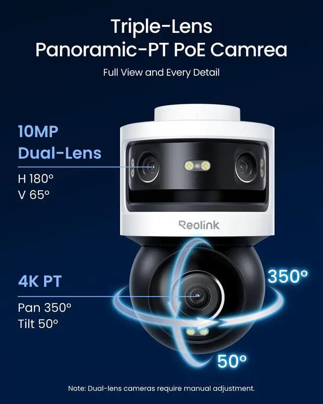 Alt view image 5 of 7 - Reolink OMVI 3i PoE 10MP 4K 360° All-in-one Triple-Lens 180° Panoramic Pan-Tilt Security Camera, SyncTrack with Auto Framing & Auto Tracking Local AI Video Search