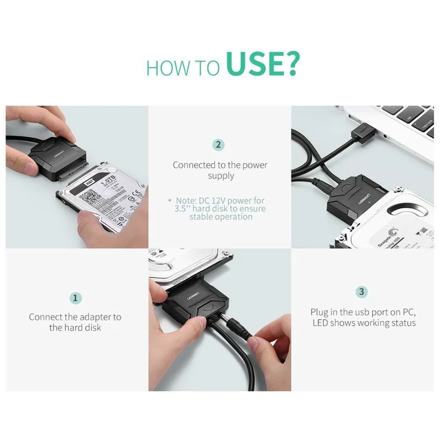 Alt view image 5 of 7 - UGREEN USB to SATA USB 3.0 to Hard Drive Adapter Cable Converter for 2.5 3.5 Inch Hard Drive Disk HDD and SSD Support UASP SATA III with 12V 2A Power Adapter