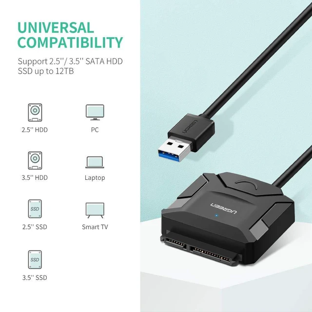 Alt view image 3 of 7 - UGREEN USB to SATA USB 3.0 to Hard Drive Adapter Cable Converter for 2.5 3.5 Inch Hard Drive Disk HDD and SSD Support UASP SATA III with 12V 2A Power Adapter