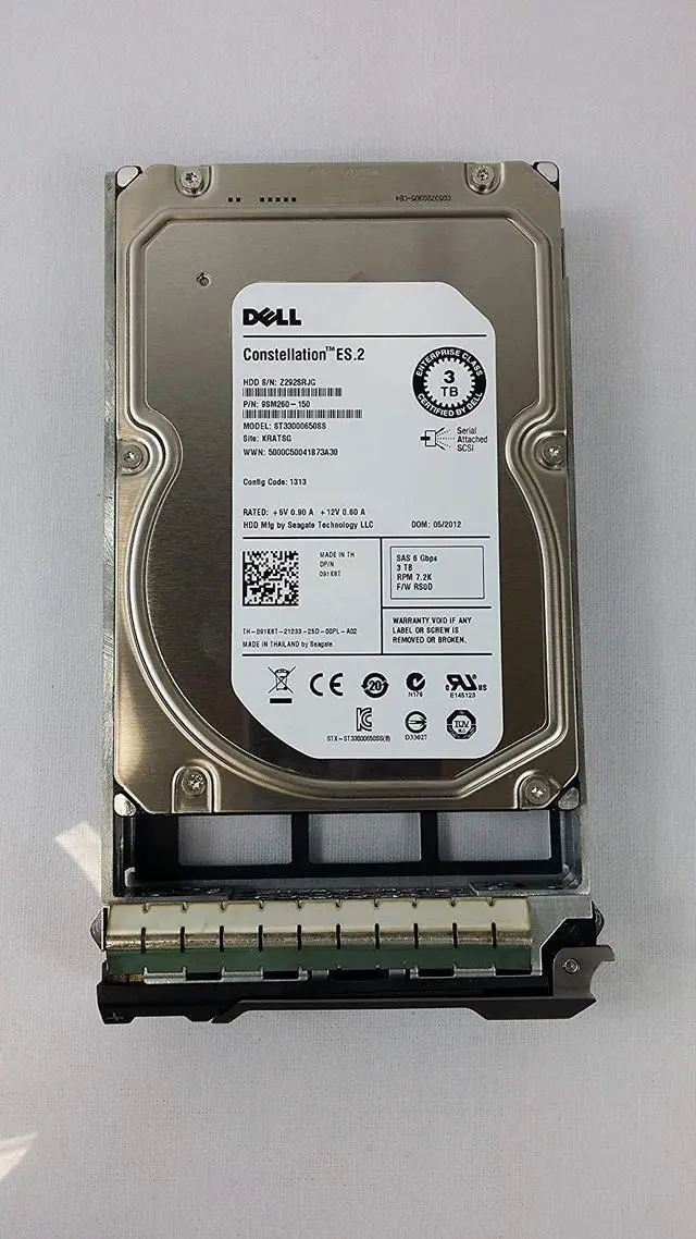 Dell - 3TB 7.2K RPM 6Gb/s 3.5インチ SAS HD -Mfg # 91K8T (ドライブとトレイ付き) Dell 3TB 7.2K RPM SAS 3.5 Inch 6Gb⁄s Hard Drive - MY58D - VRLA Tech