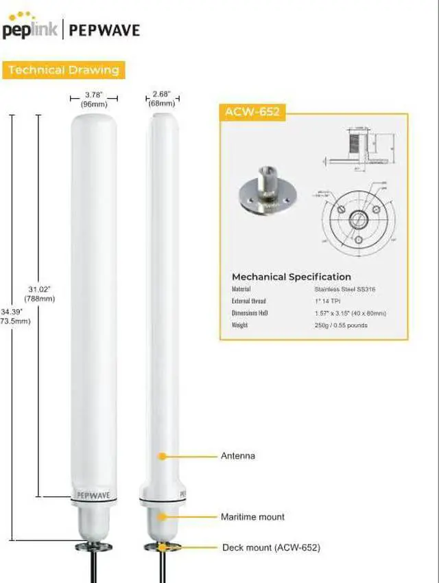 Alt view image 2 of 3 - Peplink 40G Maritime 5G Antenna ANT-MR-40G-S-W-6, SMA, White, 4X Cellular | 1x GPS