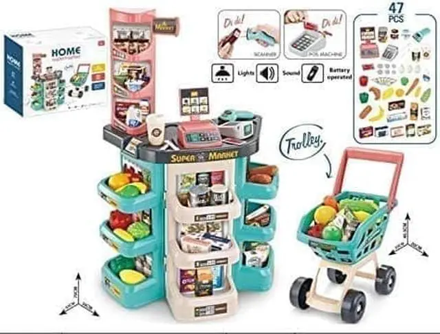 Alt view image 7 of 7 - MEDca Kids Play Supermarket Set with Scanner - Pretend Play Grocery Shop Set - 47 Piece Complete Playset with Cash Register Credit Card Machine Scanner Shop Trolley and Food Gift for Boys and Girls