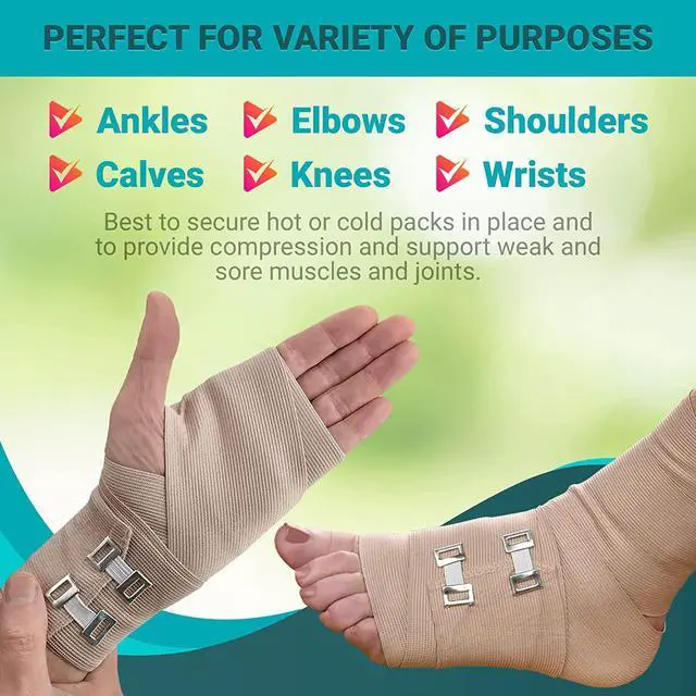 Alt view image 4 of 7 - Elastic Compression Bandage Wrap - (Set of 4) with Hooks, Athletic Sport Support Tape Rolls for Ankle, Wrist, Arm, Leg Sprains | Each First Aid Bandages Roll Measures 4 Inch x 5 Feet