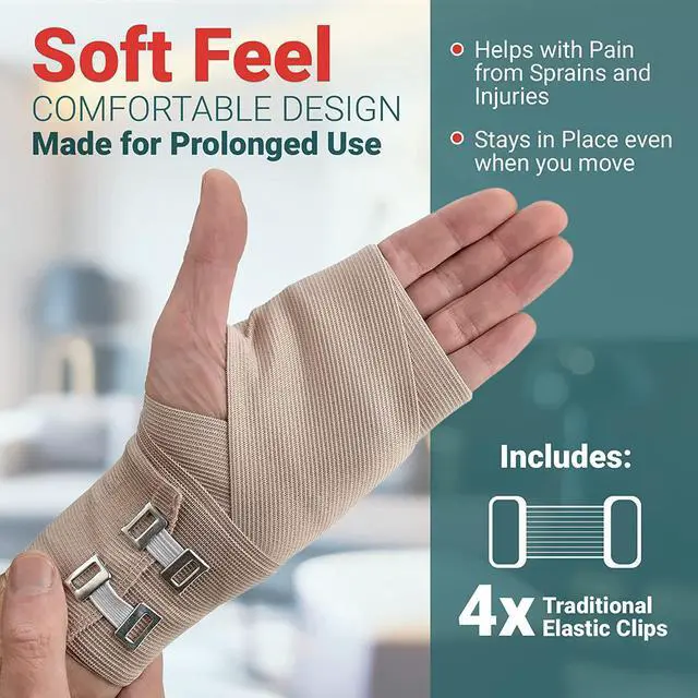 Alt view image 7 of 7 - Elastic Compression Bandage Wrap - (Set of 4) with Hooks, Athletic Sport Support Tape Rolls for Ankle, Wrist, Arm, Leg Sprains | Each First Aid Bandages Roll Measures 4 Inch x 5 Feet