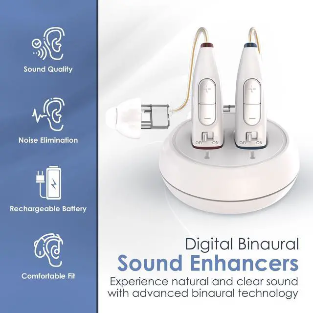Alt view image 2 of 7 - Rechargeable Hearing Aids for Seniors - (Pair) Digital Binaural Behind-the-Ear Personal Sound Amplification Aid Device, Long Lasting Battery, Comfortable All-Day BTE Design, Noise Cancellation, White