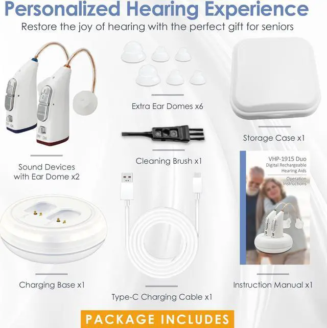 Alt view image 5 of 7 - Rechargeable Hearing Aids for Seniors - (Pair) Digital Binaural Behind-the-Ear Personal Sound Amplification Aid Device, Long Lasting Battery, Comfortable All-Day BTE Design, Noise Cancellation, White