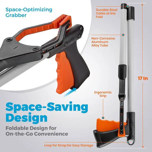 Alt view image 4 of 7 - Reacher Grabber Tool - (2-Pack) 32-Inch-Long Folding Picker Upper Gripping Device - Lightweight 90° Rotation Claw Extendable Arm Reach, Indoor | Outdoor Elderly Reaching Mobility Aid & Trash Grabber