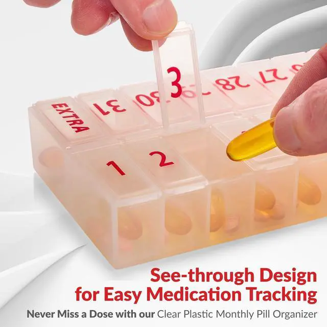 Alt view image 3 of 6 - Large Pill Organizer Monthly 32 Compartments - 30 Day Pill Organizer 1 Time A Day, Large Compartment Box for Medications, BPA-Free Plastic, Removable Lid for Easy Loading Medicine, Vitamins, Clear
