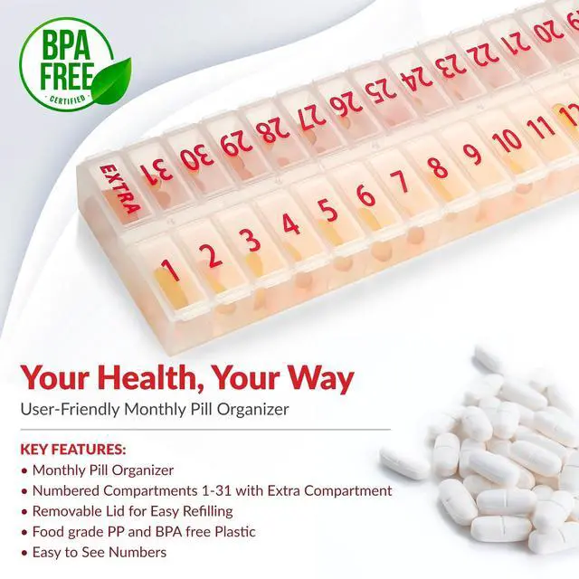 Alt view image 6 of 6 - Large Pill Organizer Monthly 32 Compartments - 30 Day Pill Organizer 1 Time A Day, Large Compartment Box for Medications, BPA-Free Plastic, Removable Lid for Easy Loading Medicine, Vitamins, Clear