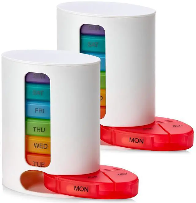 Main image of MEDca Weekly Pill Organizer, 1 Dispenser, 7 Stackable Multi-Color Compartments Four Times-a-Day - Morning, Noon, Evening, and Bedtime, White, 2-Pack
