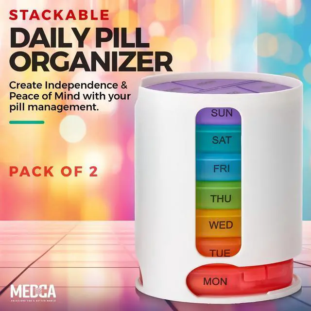 Alt view image 2 of 7 - MEDca Weekly Pill Organizer, 1 Dispenser, 7 Stackable Multi-Color Compartments Four Times-a-Day - Morning, Noon, Evening, and Bedtime, White, 2-Pack