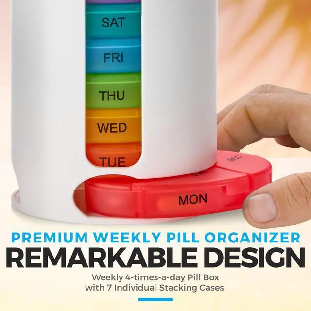 Alt view image 7 of 7 - MEDca Weekly Pill Organizer, 1 Dispenser, 7 Stackable Multi-Color Compartments Four Times-a-Day - Morning, Noon, Evening, and Bedtime, White, 2-Pack