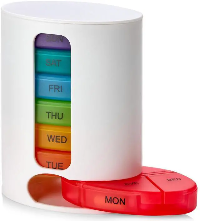 Main image of MEDca Weekly Pill Organizer, 1 Dispenser, 7 Stackable Multi-Color Compartments Four Times-a-Day - Morning, Noon, Evening, and Bedtime, White