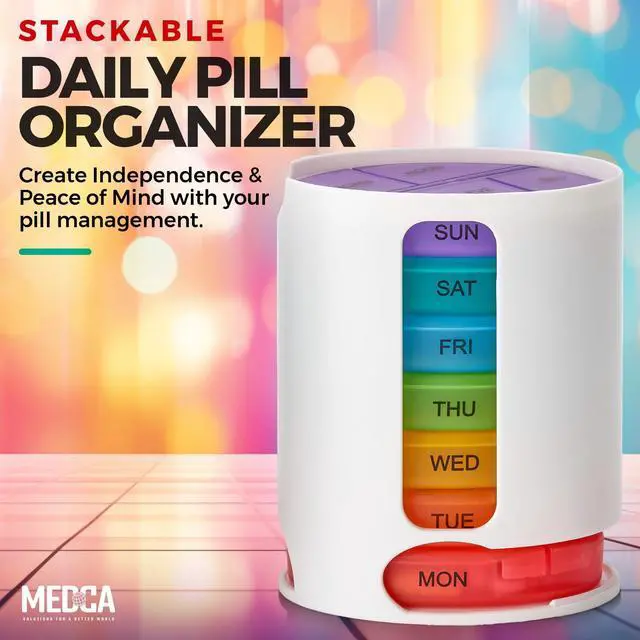 Alt view image 2 of 7 - MEDca Weekly Pill Organizer, 1 Dispenser, 7 Stackable Multi-Color Compartments Four Times-a-Day - Morning, Noon, Evening, and Bedtime, White
