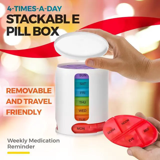 Alt view image 3 of 7 - MEDca Weekly Pill Organizer, 1 Dispenser, 7 Stackable Multi-Color Compartments Four Times-a-Day - Morning, Noon, Evening, and Bedtime, White
