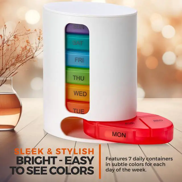 Alt view image 6 of 7 - MEDca Weekly Pill Organizer, 1 Dispenser, 7 Stackable Multi-Color Compartments Four Times-a-Day - Morning, Noon, Evening, and Bedtime, White