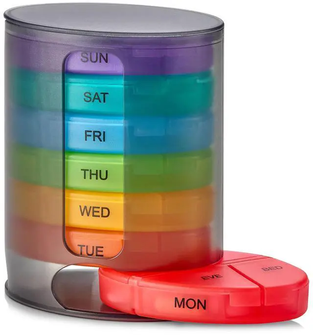 Main image of MEDca Weekly Pill Organizer, 1 Dispenser, 7 Stackable Multi-Color Compartments Four Times-a-Day - Morning, Noon, Evening, and Bedtime, Black