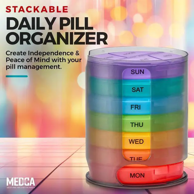 Alt view image 2 of 7 - MEDca Weekly Pill Organizer, 1 Dispenser, 7 Stackable Multi-Color Compartments Four Times-a-Day - Morning, Noon, Evening, and Bedtime, Black