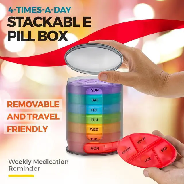 Alt view image 3 of 7 - MEDca Weekly Pill Organizer, 1 Dispenser, 7 Stackable Multi-Color Compartments Four Times-a-Day - Morning, Noon, Evening, and Bedtime, Black