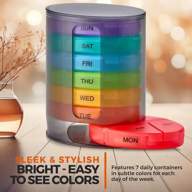 Alt view image 6 of 7 - MEDca Weekly Pill Organizer, 1 Dispenser, 7 Stackable Multi-Color Compartments Four Times-a-Day - Morning, Noon, Evening, and Bedtime, Black