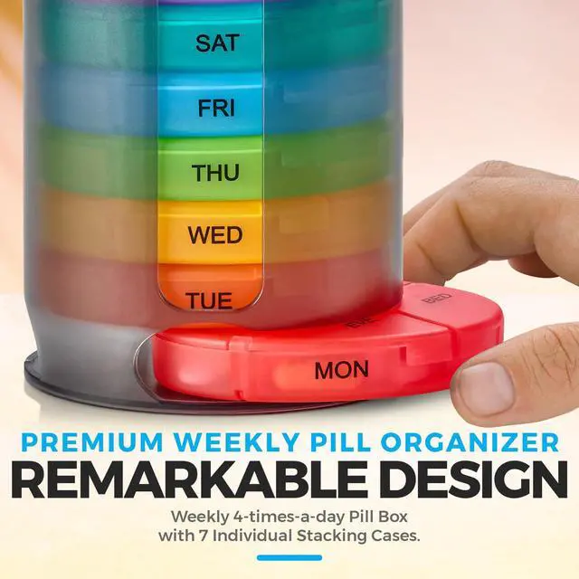 Alt view image 7 of 7 - MEDca Weekly Pill Organizer, 1 Dispenser, 7 Stackable Multi-Color Compartments Four Times-a-Day - Morning, Noon, Evening, and Bedtime, Black