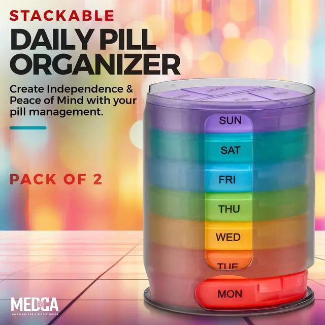 Alt view image 2 of 7 - MEDca Weekly Pill Organizer, 1 Dispenser, 7 Stackable Multi-Color Compartments Four Times-a-Day - Morning, Noon, Evening, and Bedtime, Black, 2-Pack
