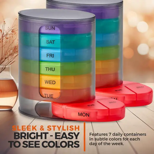 Alt view image 6 of 7 - MEDca Weekly Pill Organizer, 1 Dispenser, 7 Stackable Multi-Color Compartments Four Times-a-Day - Morning, Noon, Evening, and Bedtime, Black, 2-Pack