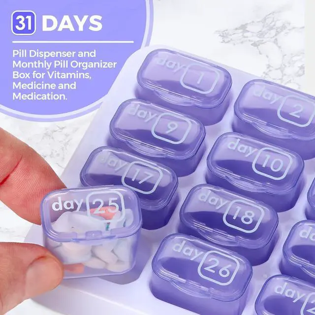 Alt view image 2 of 7 - Monthly Pill Organizer - 31 Day Pill Organizer with Large Removable Medication Pods, Portable Pill Case Box and Holder for Daily Medicine and Vitamins for Travel, Purple