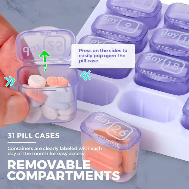Alt view image 3 of 7 - Monthly Pill Organizer - 31 Day Pill Organizer with Large Removable Medication Pods, Portable Pill Case Box and Holder for Daily Medicine and Vitamins for Travel, Purple