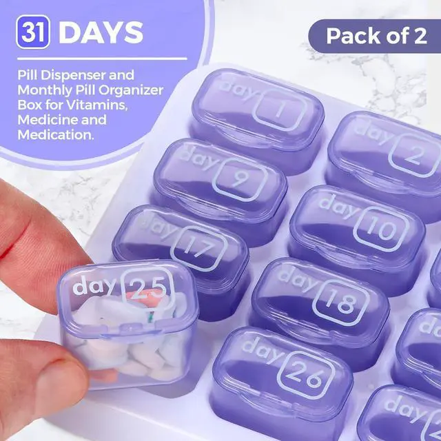 Alt view image 2 of 7 - Monthly Pill Organizer - (Pack of 2) 31 Day Pill Organizer with Large Removable Medication Pods, Portable Pill Case Box and Holder for Daily Medicine and Vitamins for Travel, Purple