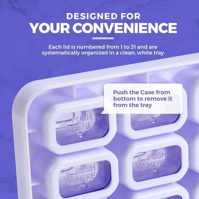 Alt view image 7 of 7 - Monthly Pill Organizer - (Pack of 2) 31 Day Pill Organizer with Large Removable Medication Pods, Portable Pill Case Box and Holder for Daily Medicine and Vitamins for Travel, Purple