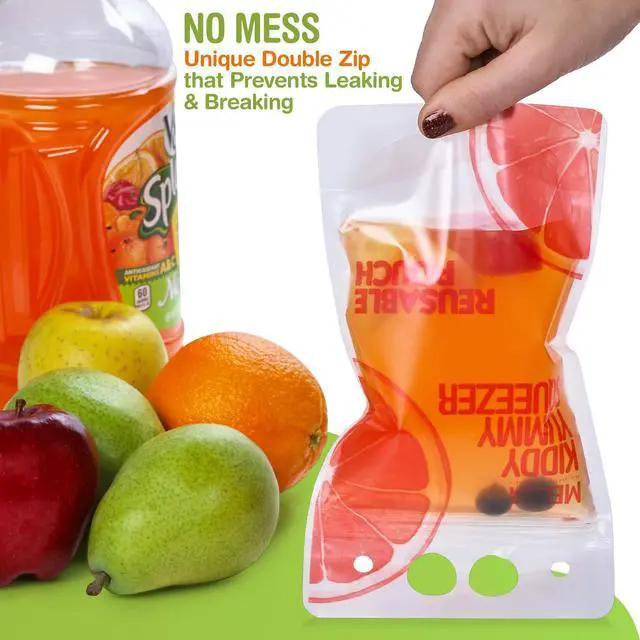 Alt view image 5 of 7 - Reusable Drink Pouches - 50 Clear Drink Bags with 50 Straws - Double Zipper Reusable Smoothie Pouches Juice, Clear Zipper Pouch Storage Bags, Leak-Free and BPA Free