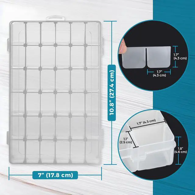 Alt view image 2 of 7 - 36 Grid Clear Plastic Organizer - Pack of 2- Bead Storage, Craft Organizer, DIY Small Parts Organizer, Jewelry Box, Fishing Tackle Box, Sewing, Nail Storage w/Adjustable Dividers & 5 Sticker Labels